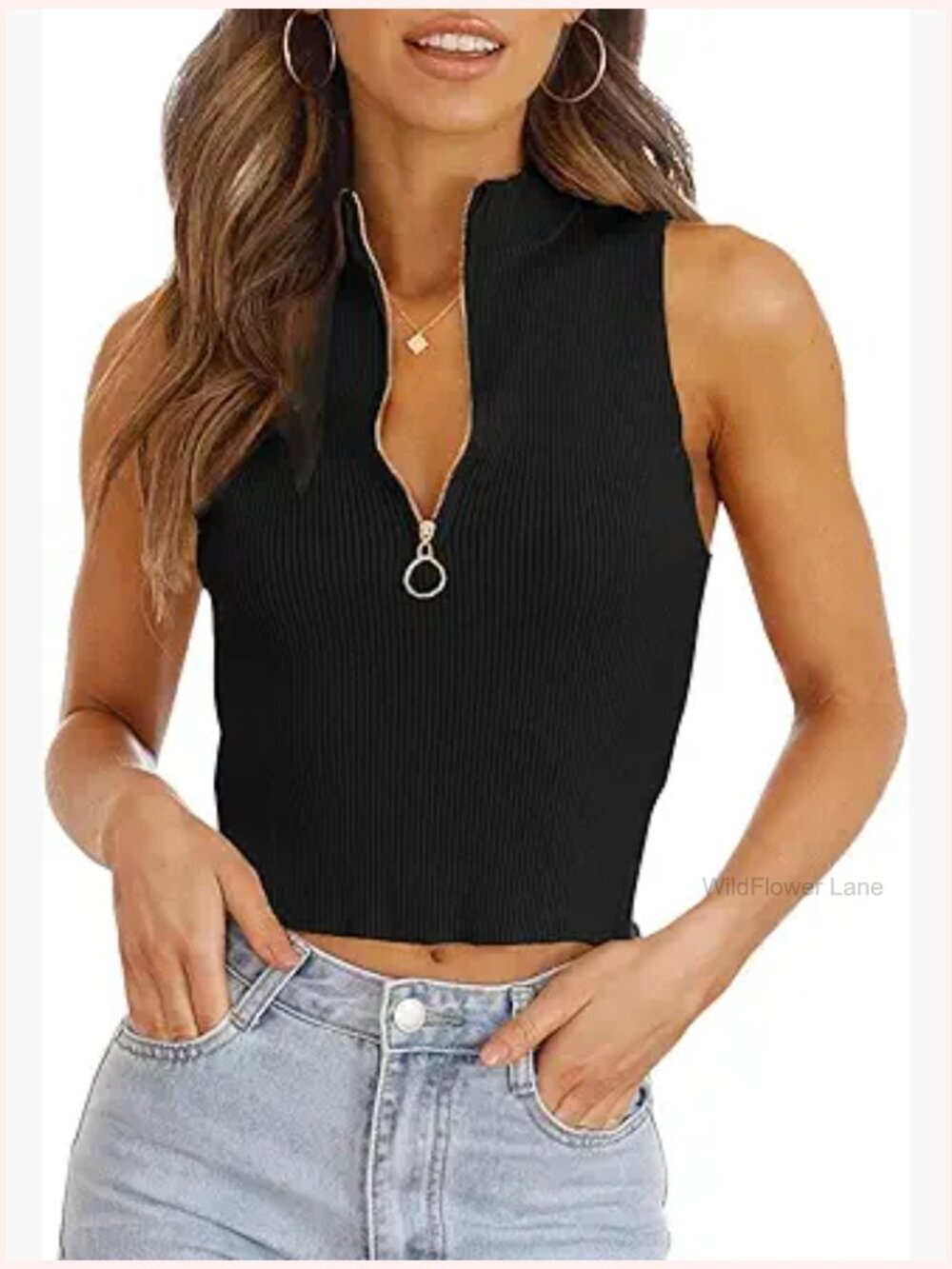 Womens Sleeveless Knit Crop Top Half Zip Going Out Summer Tank